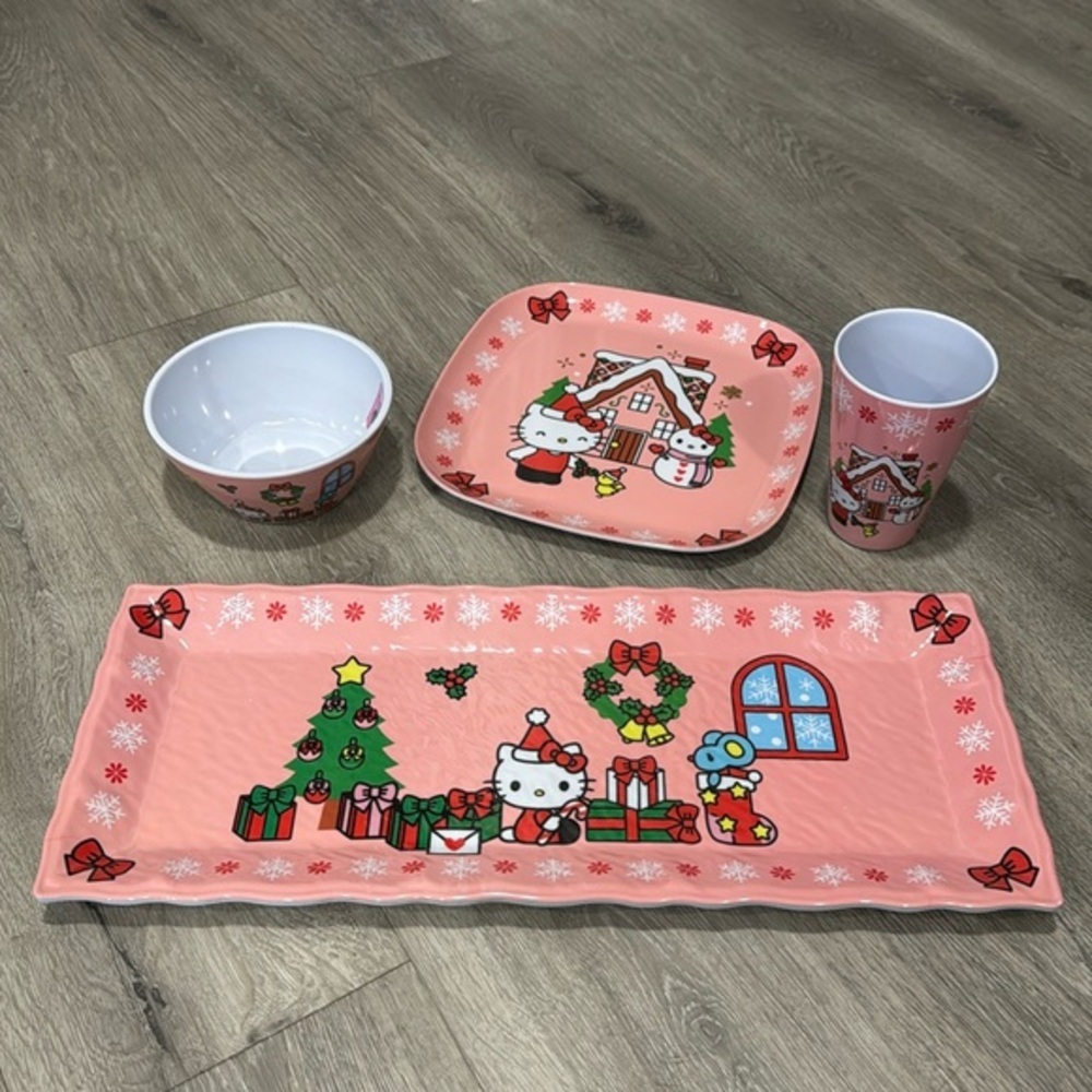 Hello Kitty Santa Christmas Holiday Melamine Dining Dinner Set Plate Bowl Cup - Picture 2 of 16